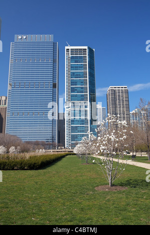 Avis de Blue Cross Blue Shield Tower et 340 sur le parc des gratte-ciel de Daley Bicentennial Plaza dans Grant Park de Chicago. Banque D'Images