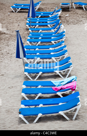 Une rangée de chaises longues bleu et blanc vide sur la plage de Benidorm, Espagne sur la toile de fond des tours d'hôtels. Banque D'Images