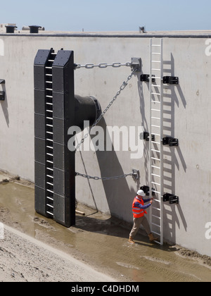 Nouveau quai du port en eau profonde de l'expansion à Maasvlakte 2 de Rotterdam aux Pays-Bas, avec man climbing ladder Banque D'Images