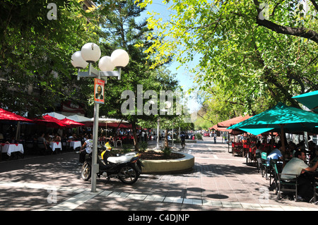 Ciel bleu Street view restaurant diners assis sous des nuances parapluie ci-dessous arbres verts, Paseo Sarmiento, Mendoza, Argentine Banque D'Images