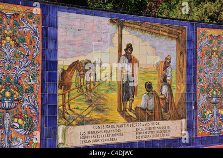 Poème Gaucho en céramique, panneau célébrant rôle robuste en règlement de fondation, Monument, Plaza Espana, Mendoza, Argentine Banque D'Images