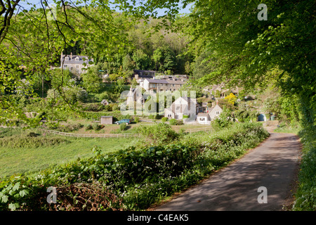 Lumière du soir dans la vallée de Slad tombant sur le hameau de Cotswold Elcombe, Gloucestershire, Angleterre, Royaume-Uni Banque D'Images