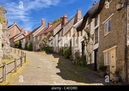 Maisons traditionnelles de l'anglais à Gold Hill, Shaftesbury, Dorset, England, UK vu de dessous de street Banque D'Images