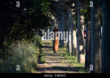 Un moine franciscain pilgrim promenades dans Ponferrada dans le chemin qui mène à Santiago de Compostela, Espagne, El Bierzo. Banque D'Images