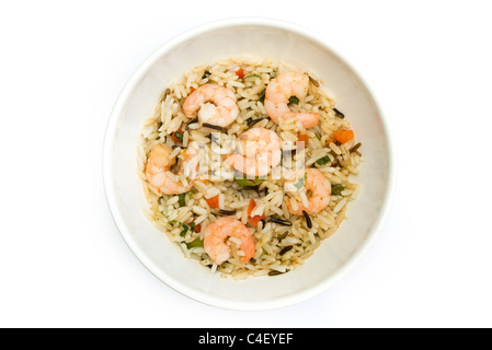 Crevettes thaï plat de riz et isolated over white Banque D'Images