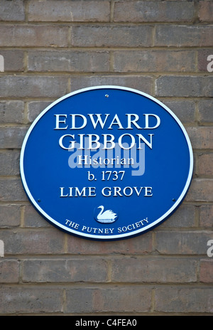 La société putney blue plaque marquant le lieu de naissance de l'historien Edward Gibbon en 1737, à Putney, Londres, Angleterre du Sud-Ouest Banque D'Images