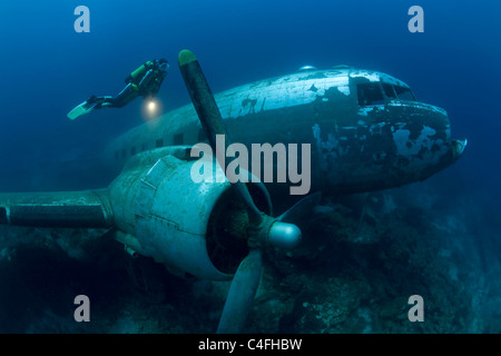 Scuba Diver à un avion coulé douglas c 47 dakota, Bodrum, Turquie Banque D'Images