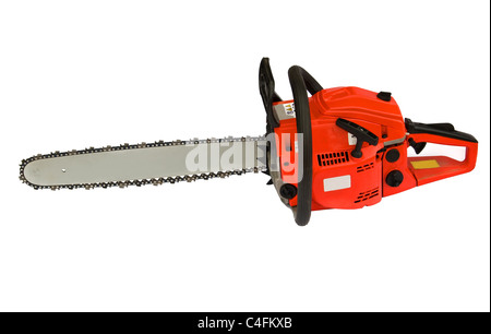 Chainsaw isolé sur fond blanc Banque D'Images