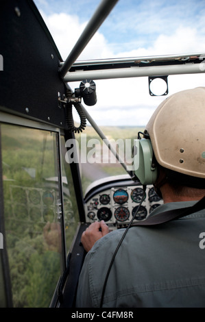 Pilote d'un avion venant en Aviat Husky pour un atterrissage sur une bande d'Alaska, l'arrière-pays bush Banque D'Images