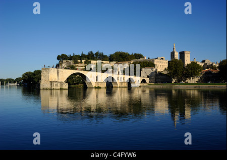 France, Provence, Avignon, rivière Rhône, pont Saint Bénézet et Palais des Papes Banque D'Images