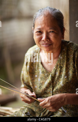 Une femme porte un chapeau nr Can Tho, Delta du Mékong, Vietnam Banque D'Images