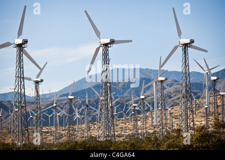 Les éoliennes à la ferme éolienne de San Gorgonio Pass à l'extérieur de Palm Springs, CA. Banque D'Images