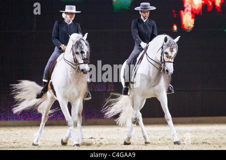 Dressage - deux femmes sur des chevaux élevés à l'espagnol pur Banque D'Images