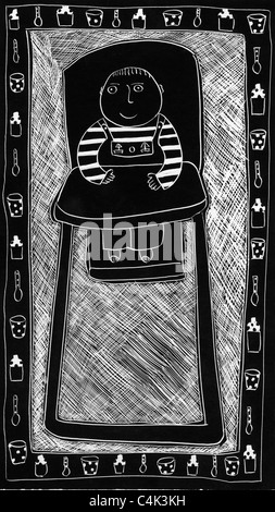 Illustration en noir et blanc de bébé en chaise haute Banque D'Images