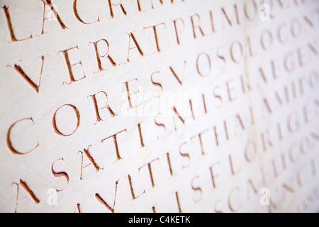 L'écriture latine pré-chrétienne sur la pierre tombale sculptée Banque D'Images