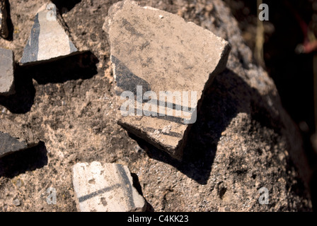 Un regroupement de tessons de poterie Pueblo ancestrales trouvés à Tsankawi : Bandelier National Monument. Banque D'Images