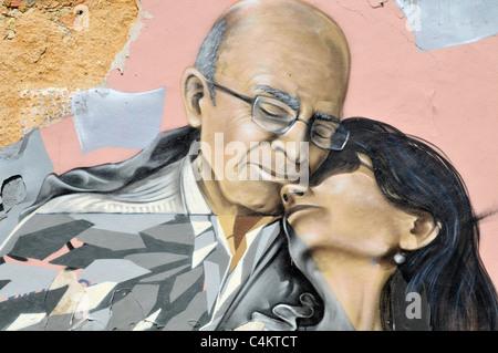 Jose Saramago et Pilar del Rio, un graffiti sur un mur près de la Fondation Saramago, Lisbonne, Portugal. Banque D'Images