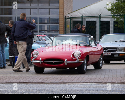Jaguar E-type rouge au début d'un rallye de voitures classiques à Anvers, Belgique Banque D'Images
