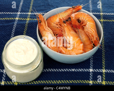 Crevettes cuit frais et sain avec leurs coquilles dans un bol avec de la mayonnaise sur un dessus de table et pas de personnes Banque D'Images