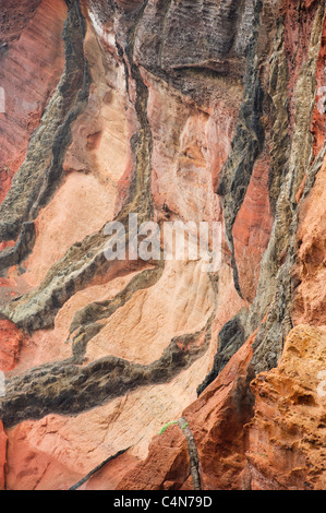 Les dykes volcaniques traversent le frêne rouge les dépôts, Péninsule de Sao Lourenço, Madère Banque D'Images