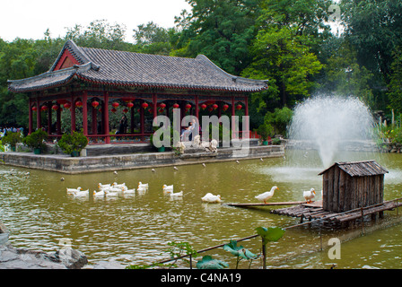 Pékin, Chine, vue panoramique, Temple chinois traditionnel local dans le parc avec étang Banque D'Images