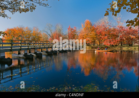 Les canoéistes en ponton sur la rivière Mersey à l'automne, le parc national Kejimkujik, Nouvelle-Écosse, Canada Banque D'Images