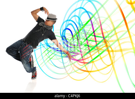 Hip hop dancer performing avec light painting isolated over white background Banque D'Images