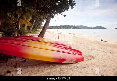 Malheureusement plage avec bateaux colorés et baigneurs sur Koh Chang Island dans le sud-est de la Thaïlande en Asie ; Banque D'Images