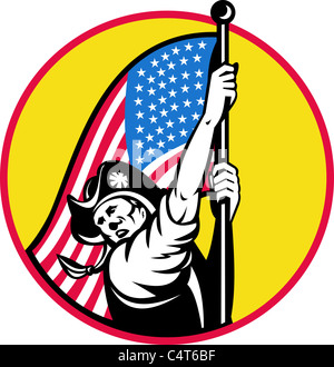 Illustration d'un soldat de la révolution américaine avec des stars and stripes flag à côté de définir à l'intérieur du cercle. fait dans le style rétro Banque D'Images