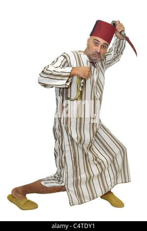 L'homme arabe avec un poignard making funny faces isolées dans White Banque D'Images