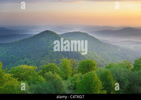 Le lever du soleil sur le paysage, Wegelnburg, Nothweiler, Pfalzerwald, Rhénanie-Palatinat, Allemagne Banque D'Images