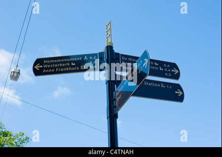 Street sign pointing à divers endroits touristiques à Amsterdam Banque D'Images