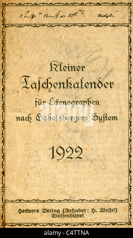 Petit Calendrier de poche pour la sténographie Gabelsberger à système. 1922 Page de titre. Banque D'Images