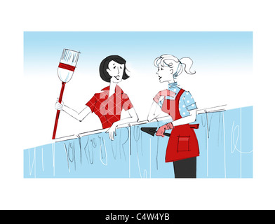 Illustration de deux femmes chargées de Yardwork et parler Over Fence Banque D'Images