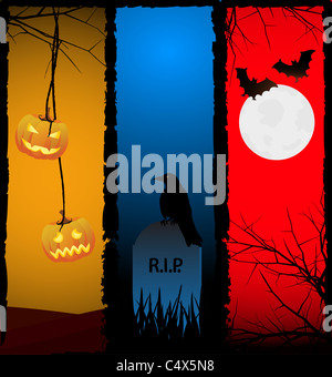 Scènes d'Halloween ou des bannières : versions illustrant les citrouilles suspendues à des arbres, noir corbeau sur pierre tombale et les chauves-souris avec la pleine lune Banque D'Images