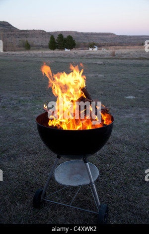 Petites branches brûler dans une bouilloire-style grill au charbon avant le dîner au moment de l'indépendance Creek nature préserver près de Sheffield, au Texas Banque D'Images
