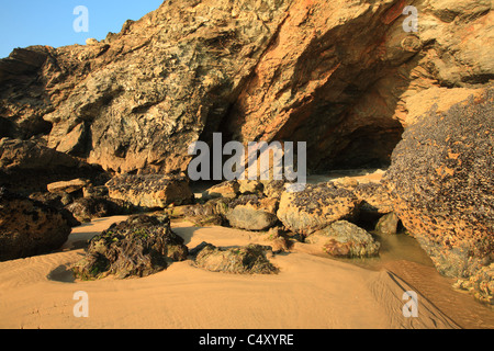 Marée basse à Porthtowan beach sur une chaude soirée d'été, North Cornwall, England, UK Banque D'Images