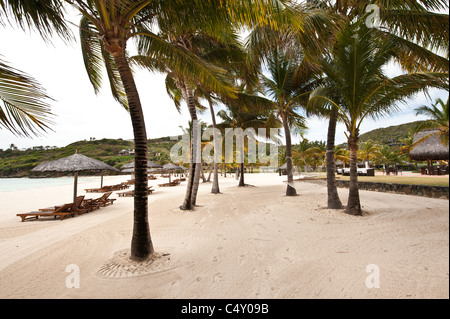 Chaises de plage et parasols au Canouan Estate Resort & Villas à Carenage Bay, île de Canouan, Saint-Vincent-et-les Grenadines. Banque D'Images