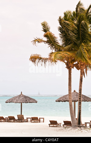 Chaises de plage et parasols au Canouan Estate Resort & Villas à Carenage Bay, île de Canouan, Saint-Vincent-et-les Grenadines. Banque D'Images