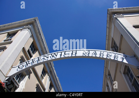 Panneau d'entrée, Greenwich Market, Durnford St, Greenwich, London Borough of Greenwich, Greater London, Angleterre, Royaume-Uni Banque D'Images