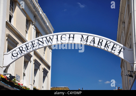 Panneau d'entrée, Greenwich Market, Durnford St, Greenwich, London Borough of Greenwich, Greater London, Angleterre, Royaume-Uni Banque D'Images