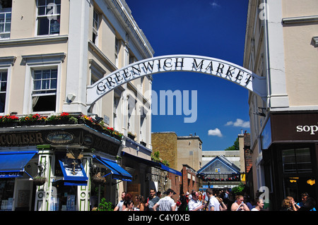 Panneau d'entrée, Greenwich Market, Durnford St, Greenwich, London Borough of Greenwich, Greater London, Angleterre, Royaume-Uni Banque D'Images