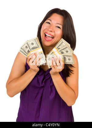 Attrayant excité Woman Holding multiethnique des centaines de dollars isolé sur un fond blanc. Banque D'Images