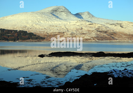 La réflexion de Ben plus et A'Chioch couvertes de neige dans le Loch Scridain sur l'île de Mull Banque D'Images