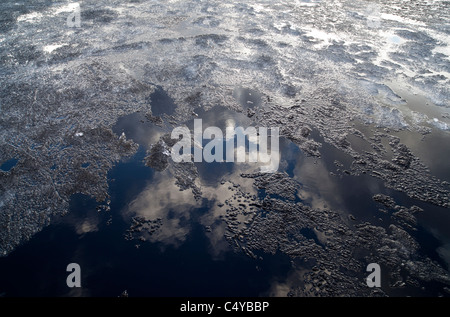 Mince couche de glace fondue sur la surface de l'eau noire , Finlande Banque D'Images