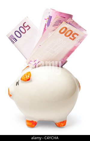 White piggy bank farci d'euro isolé sur fond blanc Banque D'Images