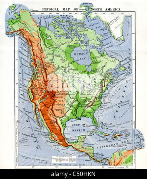 Carte Physique de l'Amérique du Nord à la fin du xixe siècle. Banque D'Images