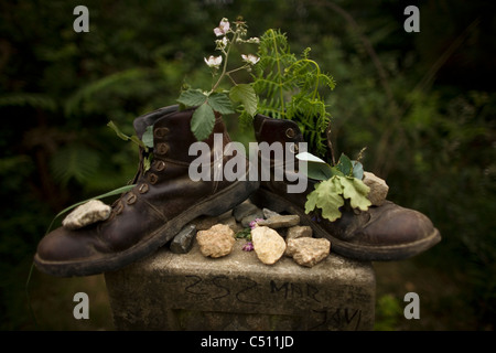 Vieilles bottes remplies de fleurs et plantes placé sur une borne dans le chemin de Saint-Jacques de Compostelle, Galice, Espagne Banque D'Images