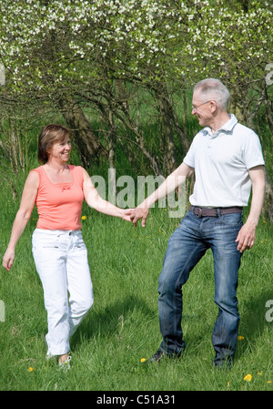 Middle-aged couple marche main dans la main dans un pré Banque D'Images