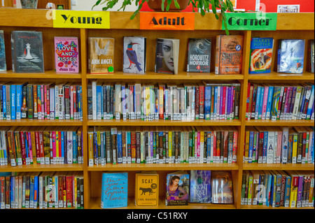 Intérieur de la bibliothèque publique (gros plan de rangées de livres sur des étagères en bois - fiction pour les jeunes adultes) - Baildon, Yorkshire, Angleterre, Royaume-Uni. Banque D'Images